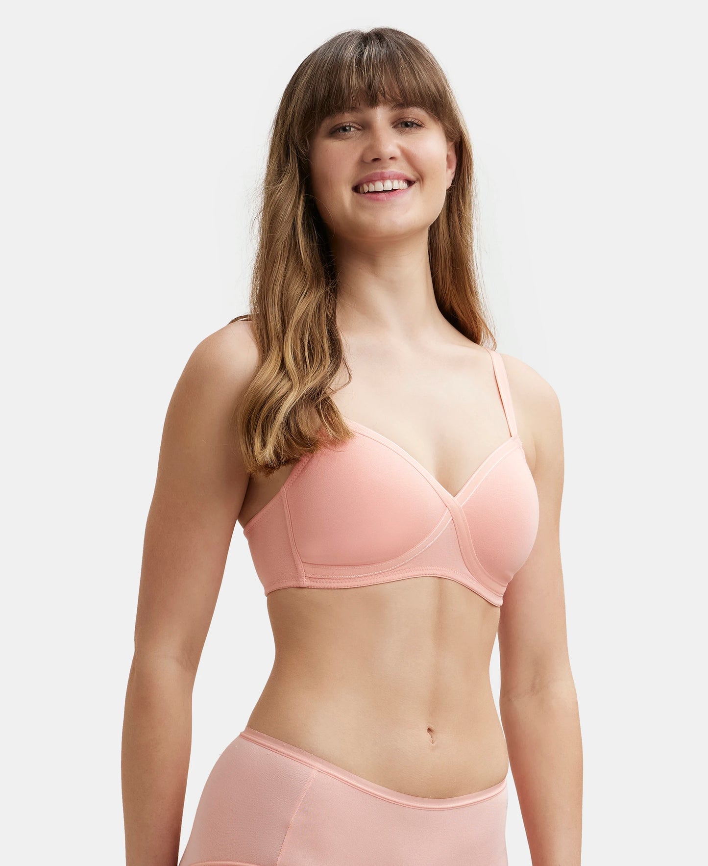 Wirefree Padded Super Combed Cotton Elastane Full Coverage T-Shirt Bra with Cross Over Fit - Candlelight Peach-2