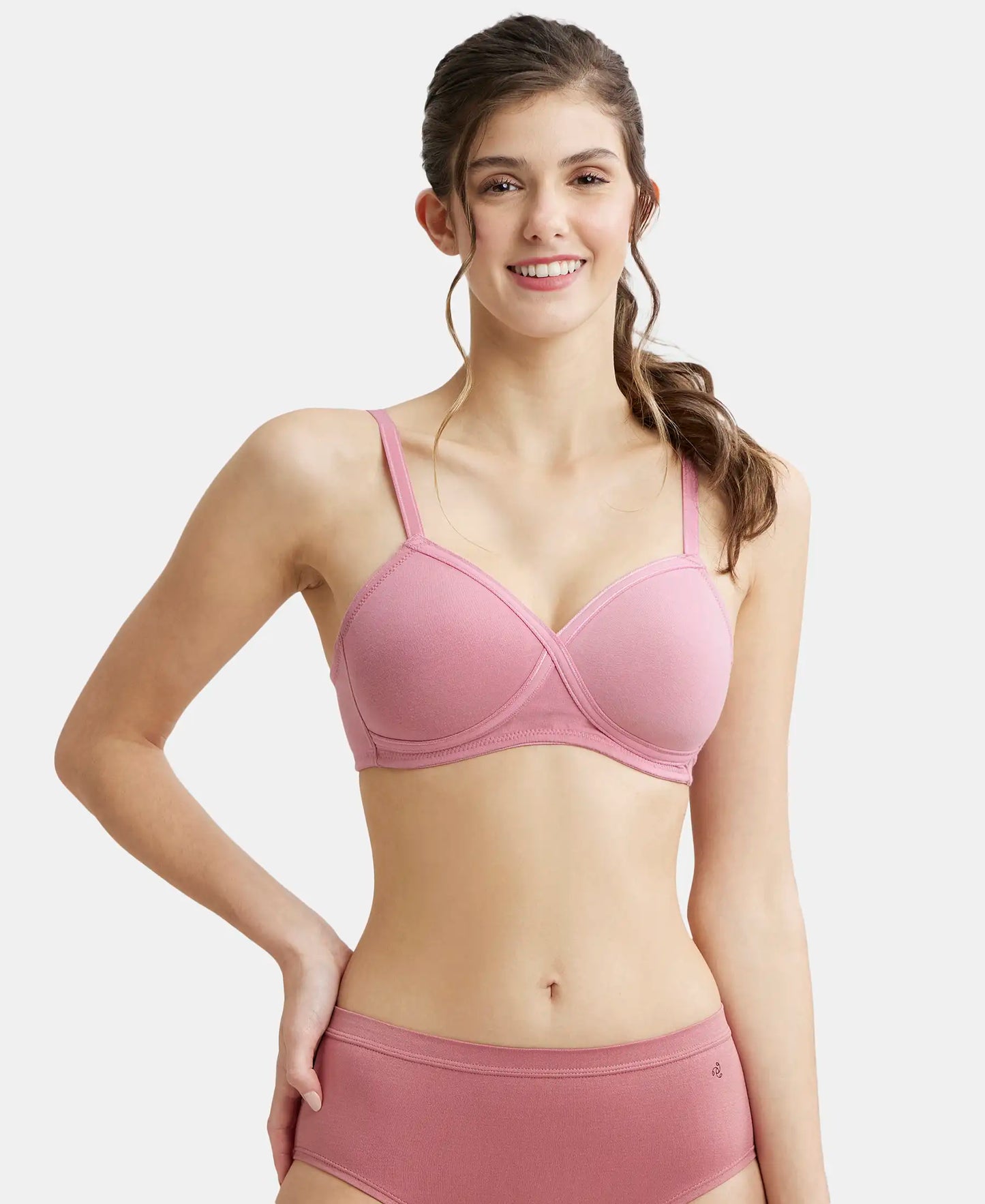 Wirefree Padded Super Combed Cotton Elastane Full Coverage T-Shirt Bra with Cross Over Fit - Heather Rose-1