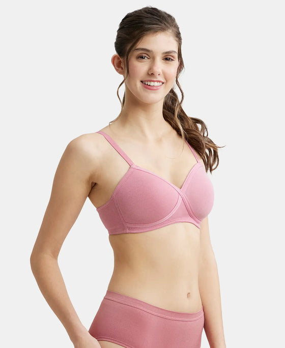 Wirefree Padded Super Combed Cotton Elastane Full Coverage T-Shirt Bra with Cross Over Fit - Heather Rose-2