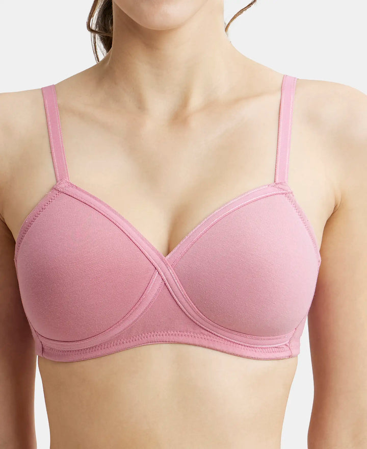 Wirefree Padded Super Combed Cotton Elastane Full Coverage T-Shirt Bra with Cross Over Fit - Heather Rose-7