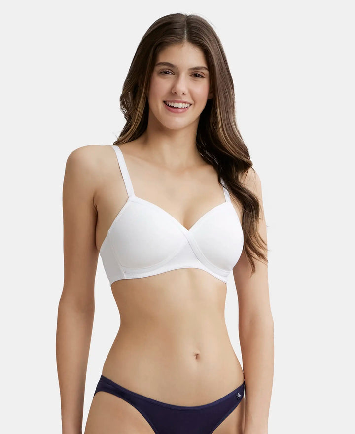 Wirefree Padded Super Combed Cotton Elastane Full Coverage T-Shirt Bra with Cross Over Fit - White-1