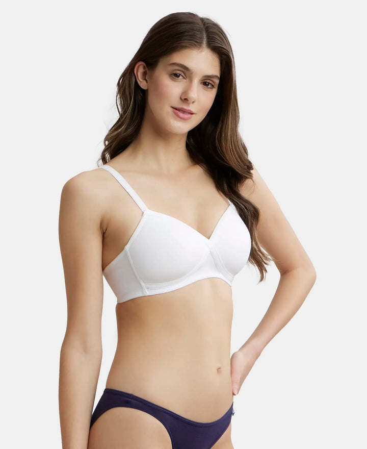 Wirefree Padded Super Combed Cotton Elastane Full Coverage T-Shirt Bra with Cross Over Fit - White-2