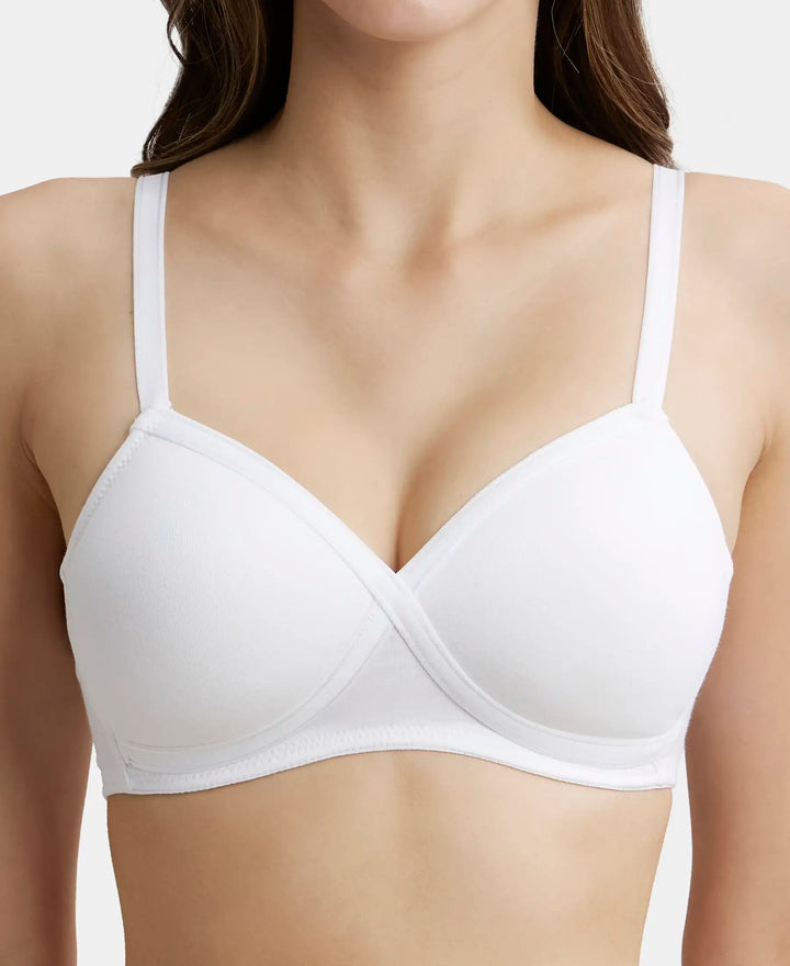 Wirefree Padded Super Combed Cotton Elastane Full Coverage T-Shirt Bra with Cross Over Fit - White-6