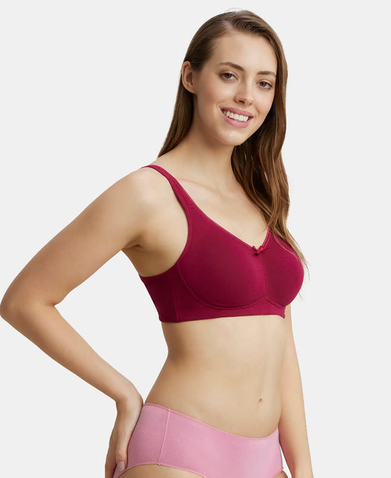 Wirefree Non Padded Super Combed Cotton Elastane Full Coverage Everyday Bra with Concealed Shaper Panel - Beet Red-2