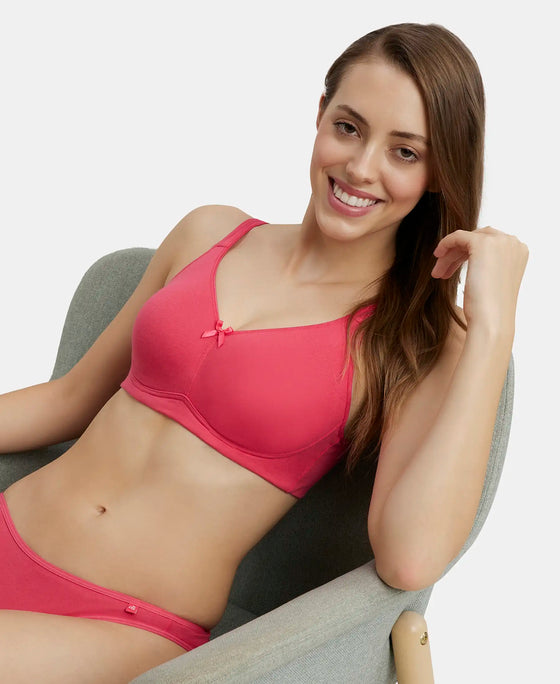 Wirefree Non Padded Super Combed Cotton Elastane Full Coverage Everyday Bra with Concealed Shaper Panel - Ruby-5