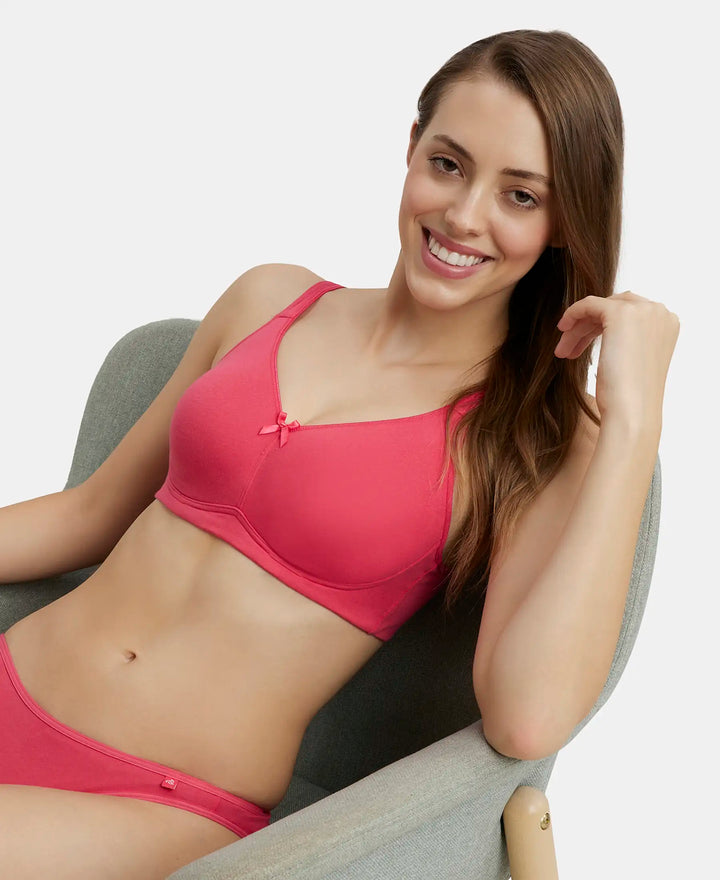 Wirefree Non Padded Super Combed Cotton Elastane Full Coverage Everyday Bra with Concealed Shaper Panel - Ruby-5