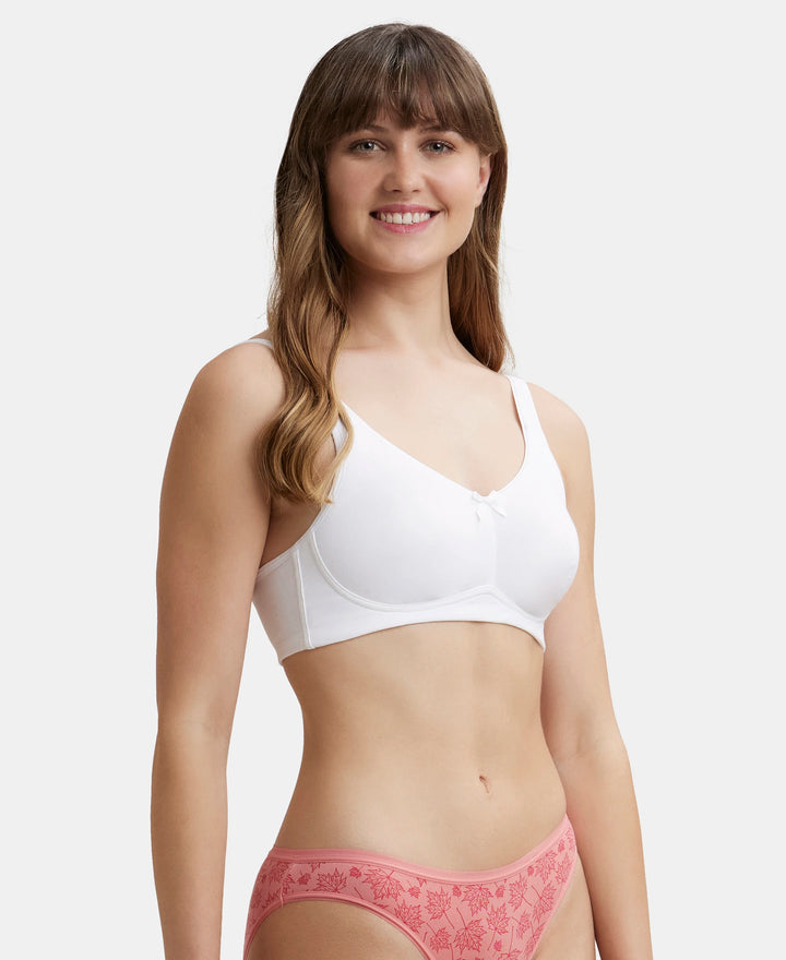 Wirefree Non Padded Super Combed Cotton Elastane Full Coverage Everyday Bra with Concealed Shaper Panel - White-2
