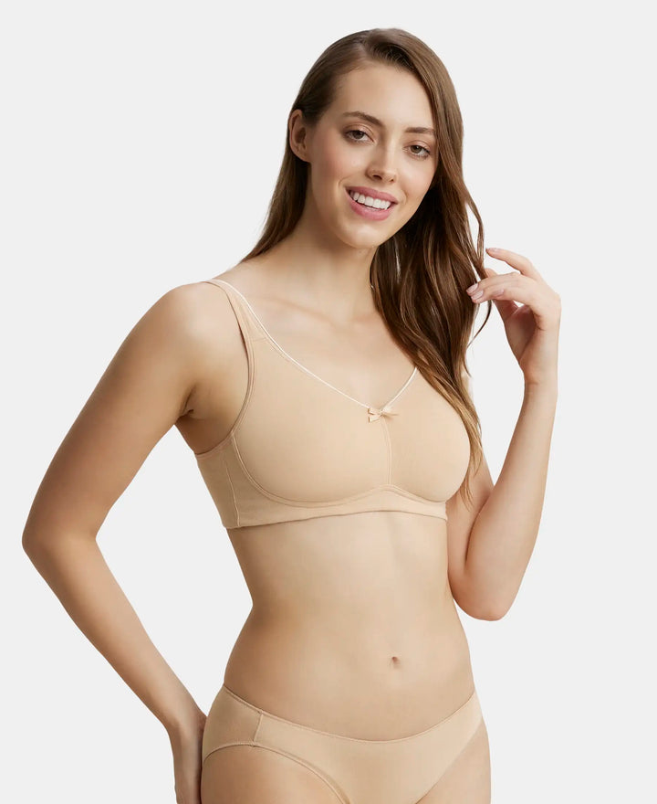 Wirefree Non Padded Super Combed Cotton Elastane Full Coverage Everyday Bra with Concealed Shaper Panel - Skin-2