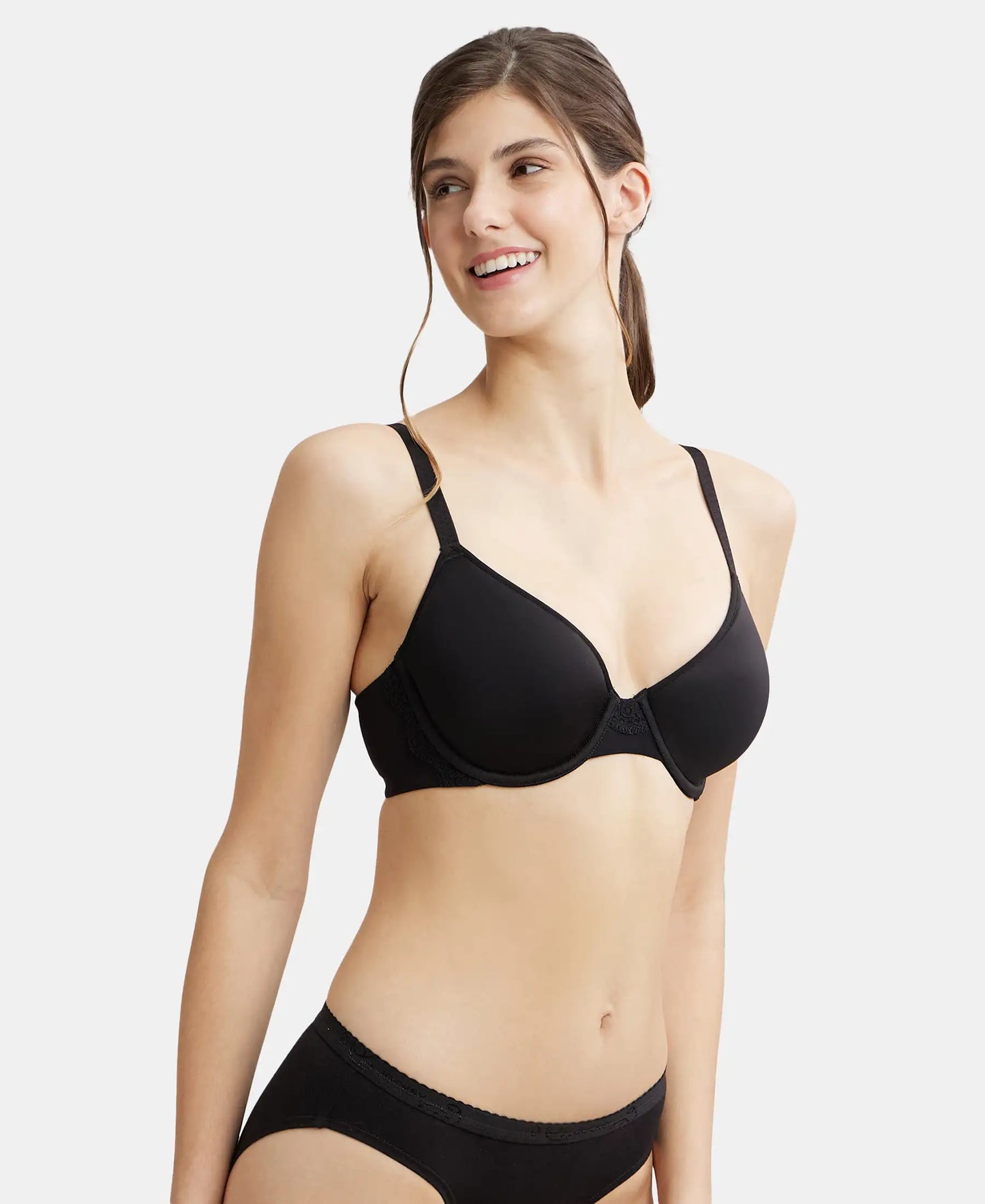 Under-Wired Padded Polyester Elastane Full Coverage T-Shirt Bra with Breathable Spacer Cup - Black-2