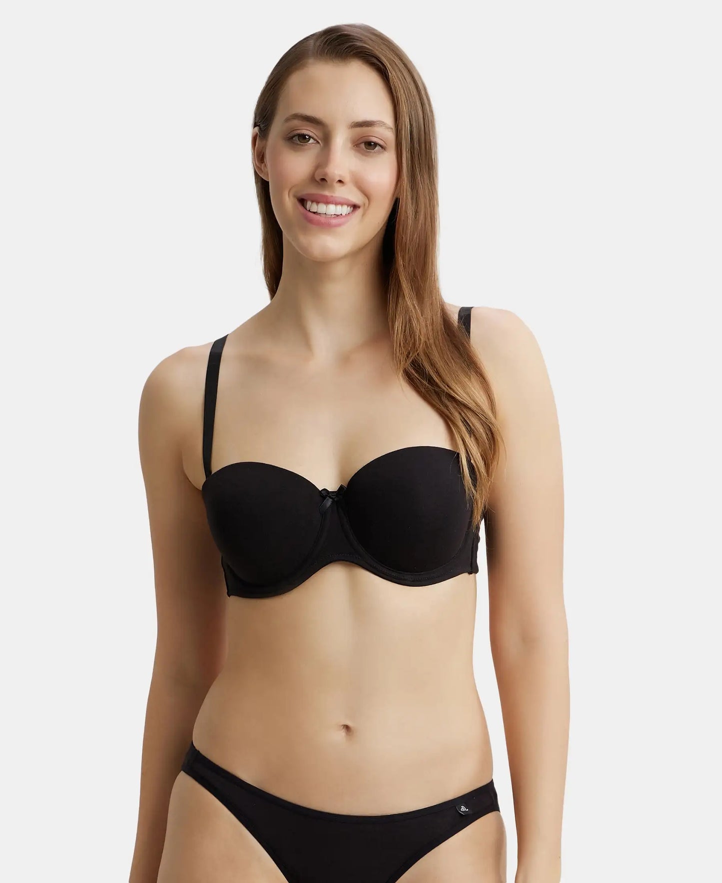 Under-Wired Padded Super Combed Cotton Elastane Full Coverage Strapless Bra with Ultra-Grip Support Band - Black-1