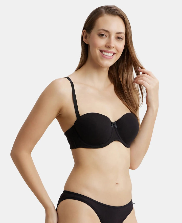 Under-Wired Padded Super Combed Cotton Elastane Full Coverage Strapless Bra with Ultra-Grip Support Band - Black-2