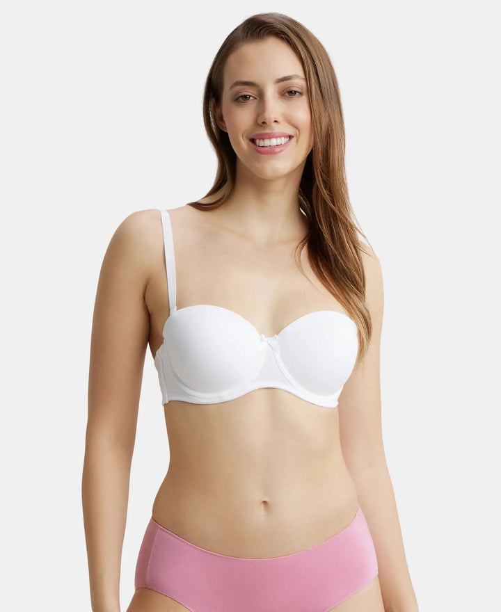 Under-Wired Padded Super Combed Cotton Elastane Full Coverage Strapless Bra with Ultra-Grip Support Band - White-1