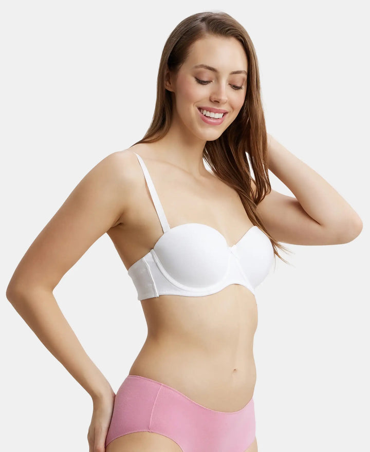 Under-Wired Padded Super Combed Cotton Elastane Full Coverage Strapless Bra with Ultra-Grip Support Band - White-2