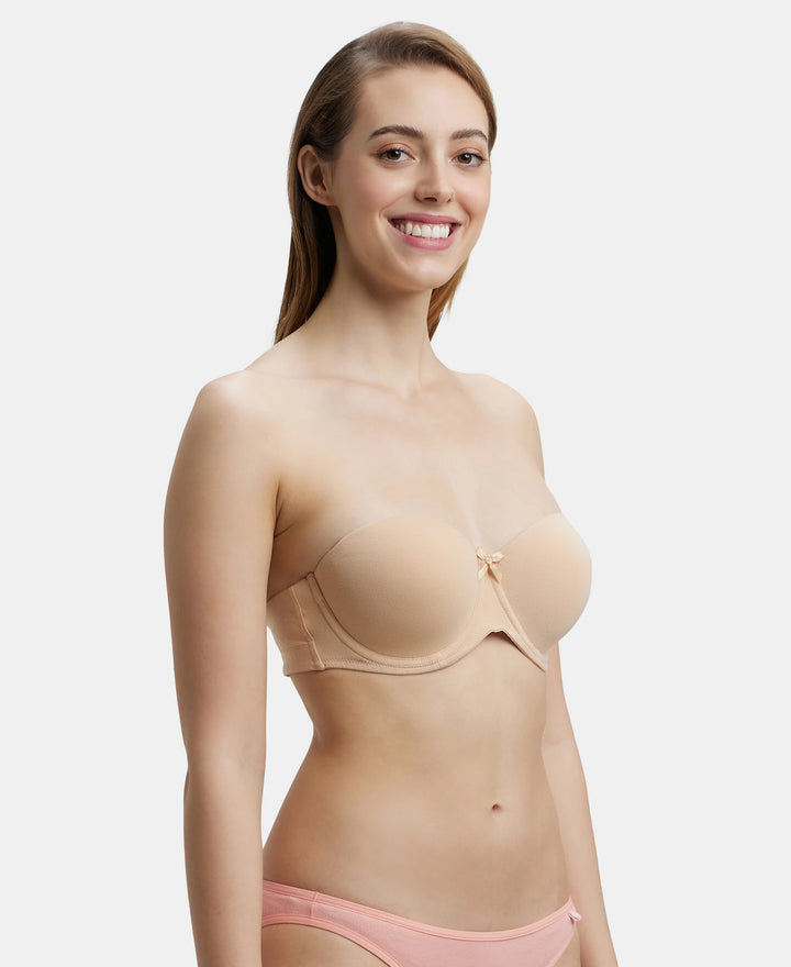 Under-Wired Padded Super Combed Cotton Elastane Full Coverage Strapless Bra with Ultra-Grip Support Band - Skin-2