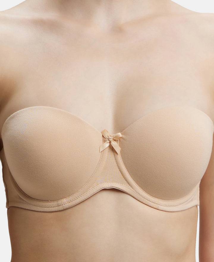 Under-Wired Padded Super Combed Cotton Elastane Full Coverage Strapless Bra with Ultra-Grip Support Band - Skin-8