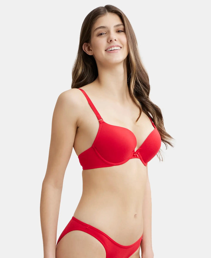 Wired Padded Super Combed Cotton Elastane Medium Coverage Pushup Bra with Plunge Neck - Sangria Red-2