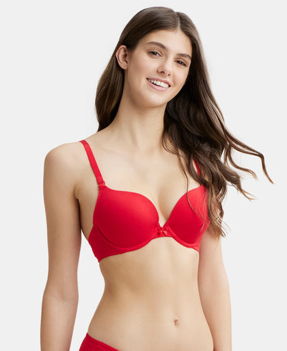 Wired Padded Super Combed Cotton Elastane Medium Coverage Pushup Bra with Plunge Neck - Sangria Red-5