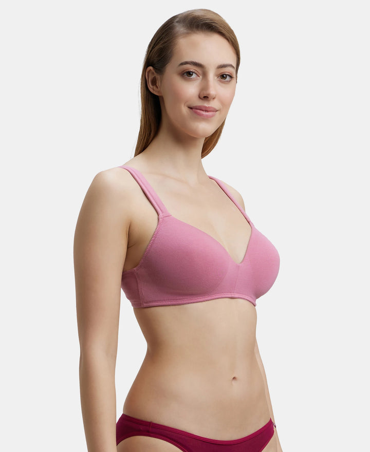 Wirefree Padded Super Combed Cotton Elastane Full Coverage Lounge Bra with Broad Cushioned Fabric Strap - Heather Rose-2
