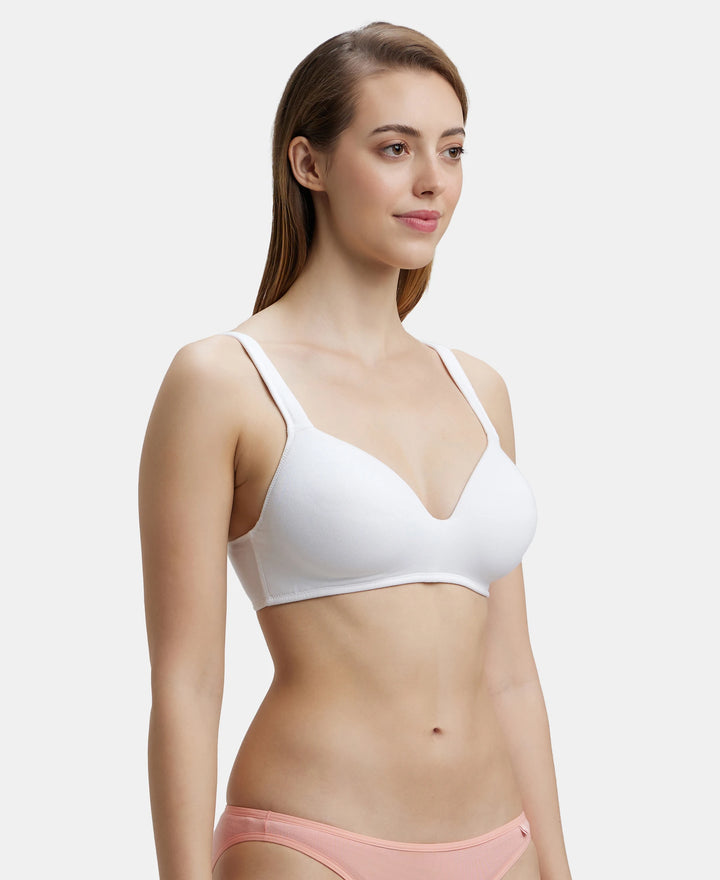 Wirefree Padded Super Combed Cotton Elastane Full Coverage Lounge Bra with Broad Cushioned Fabric Strap - White-2