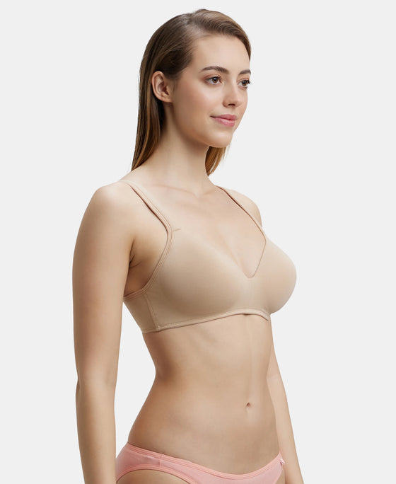 Wirefree Padded Super Combed Cotton Elastane Full Coverage Lounge Bra with Broad Cushioned Fabric Strap - Light Skin-2