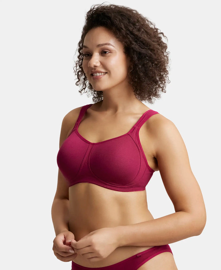 Wirefree Padded Super Combed Cotton Elastane Full Coverage Plus Size Bra with Broad Cushioned Fabric Strap - Beet Red-2
