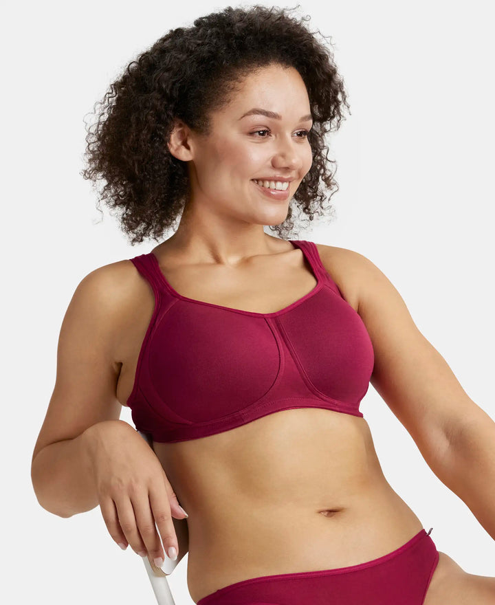 Wirefree Padded Super Combed Cotton Elastane Full Coverage Plus Size Bra with Broad Cushioned Fabric Strap - Beet Red-5