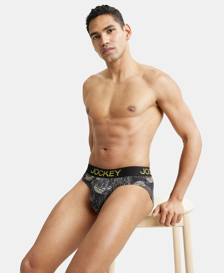 Super Combed Cotton Elastane Printed Brief with Ultrasoft Waistband - Black & Empire Yellow-5