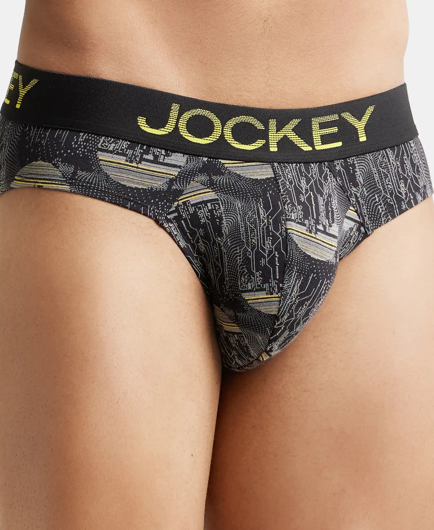 Super Combed Cotton Elastane Printed Brief with Ultrasoft Waistband - Black & Empire Yellow-6