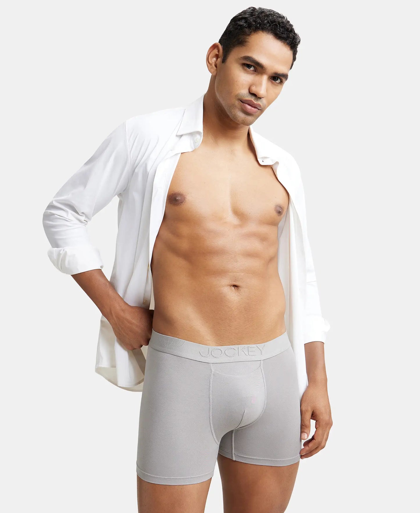 Tencel Micro Modal Cotton Elastane Stretch Solid Boxer Brief with Internal Breathable Mesh - Bright Light Grey-5