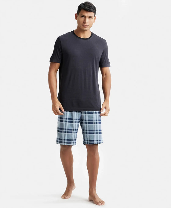 Tencel Micro Modal Cotton Elastane Stretch Regular Fit Checkered Sleep Shorts with Side Pockets - Light Blue Print2-4
