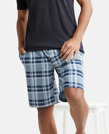 Tencel Micro Modal Cotton Elastane Stretch Regular Fit Checkered Sleep Shorts with Side Pockets - Light Blue Print2-5