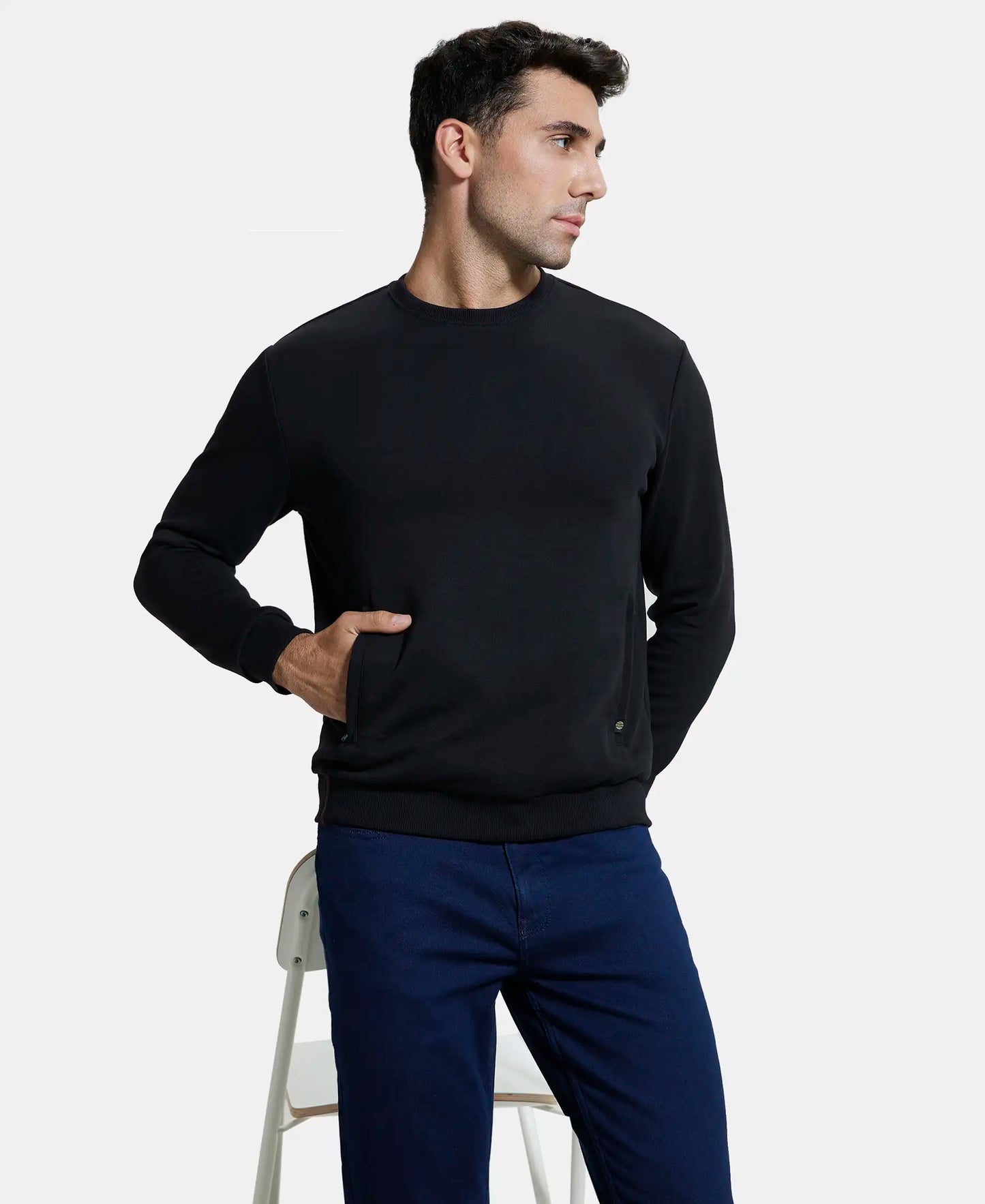 Super Combed Cotton Rich Plated Sweatshirt with Zipper Pockets - Black-5