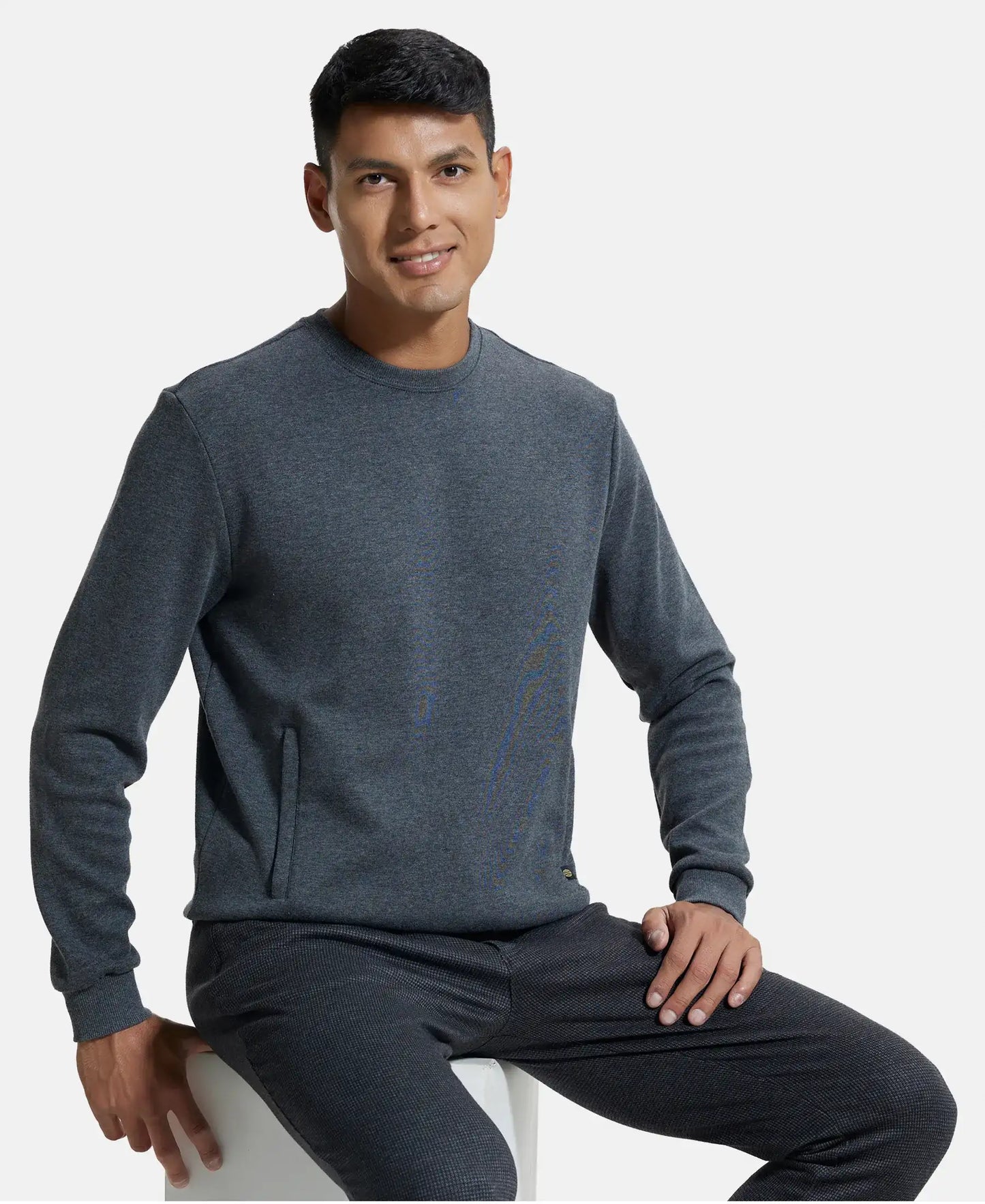 Super Combed Cotton Rich Plated Sweatshirt with Zipper Pockets - Charcoal Melange-6