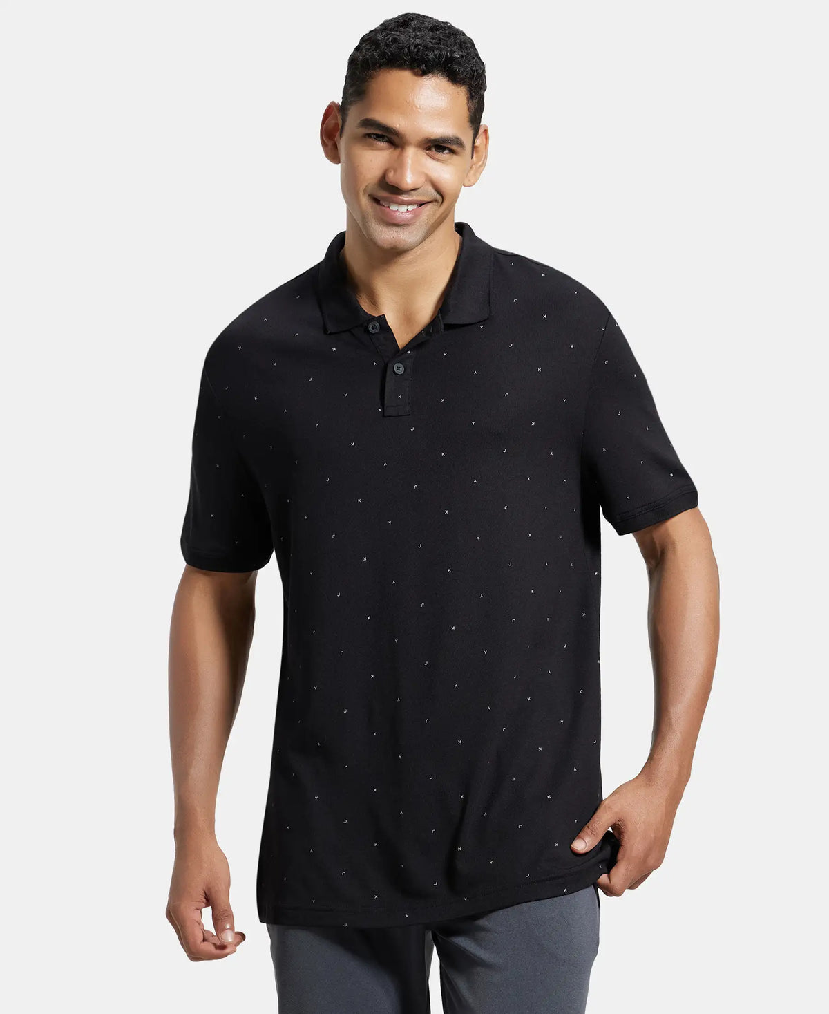 Tencel Micro Modal and Cotton Blend Printed Half Sleeve Polo T-Shirt - Black