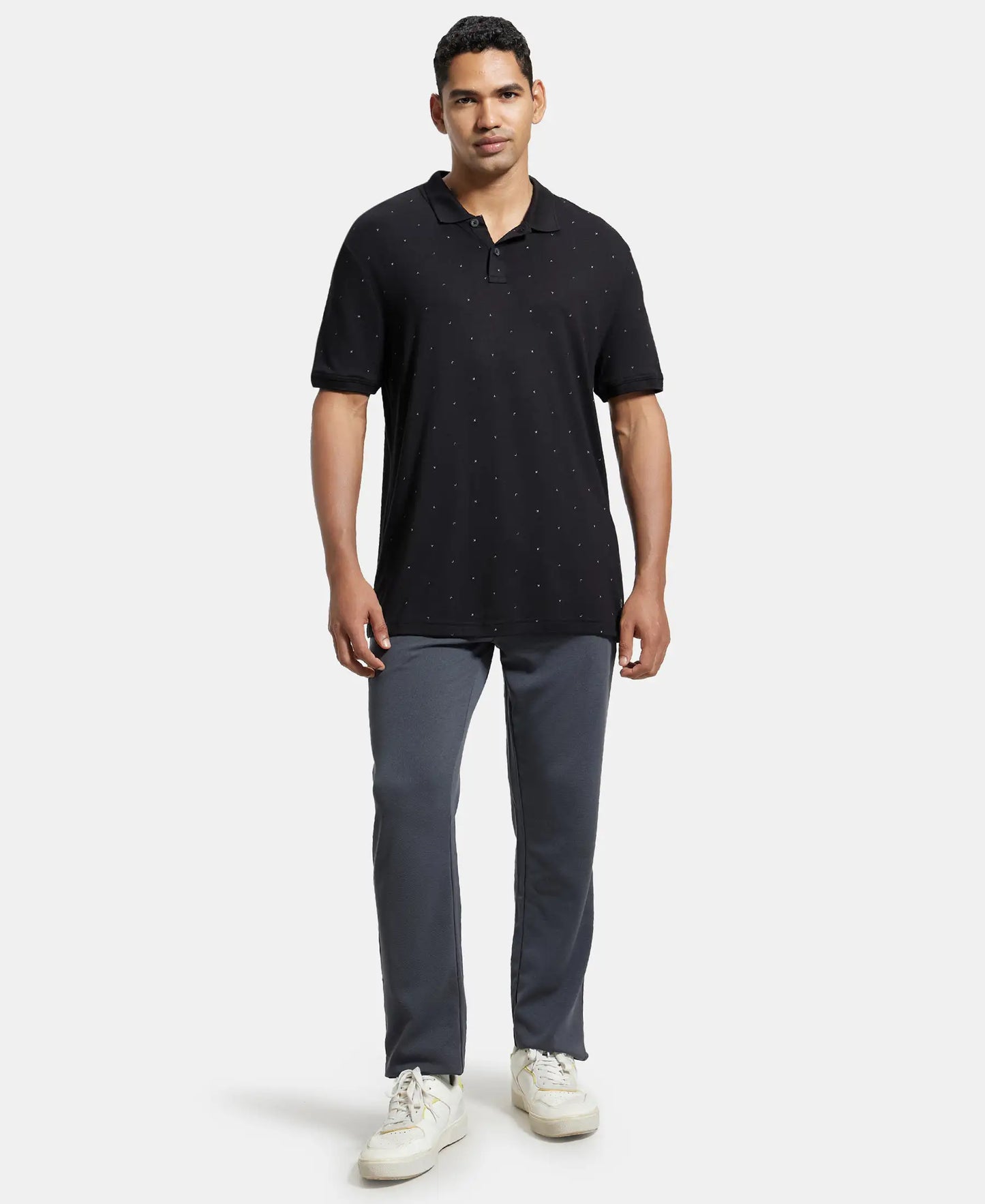 Tencel Micro Modal and Cotton Blend Printed Half Sleeve Polo T-Shirt - Black-4