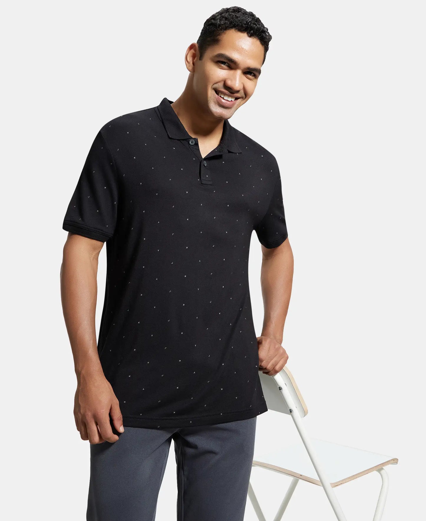Tencel Micro Modal and Cotton Blend Printed Half Sleeve Polo T-Shirt - Black-5