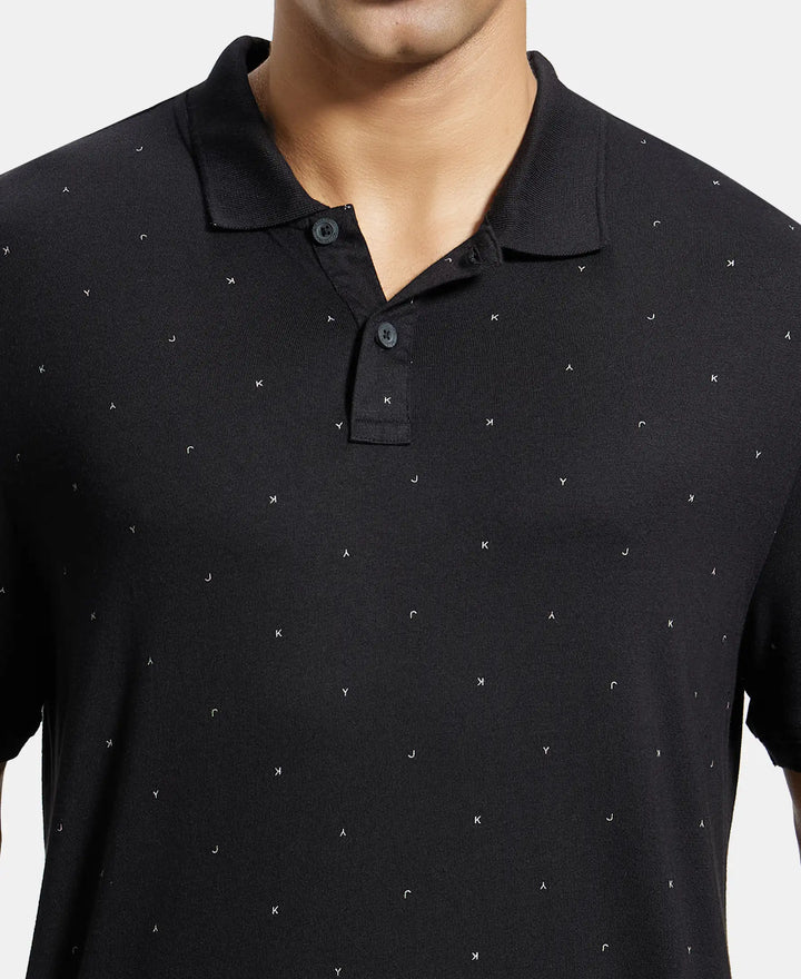 Tencel Micro Modal and Cotton Blend Printed Half Sleeve Polo T-Shirt - Black-6