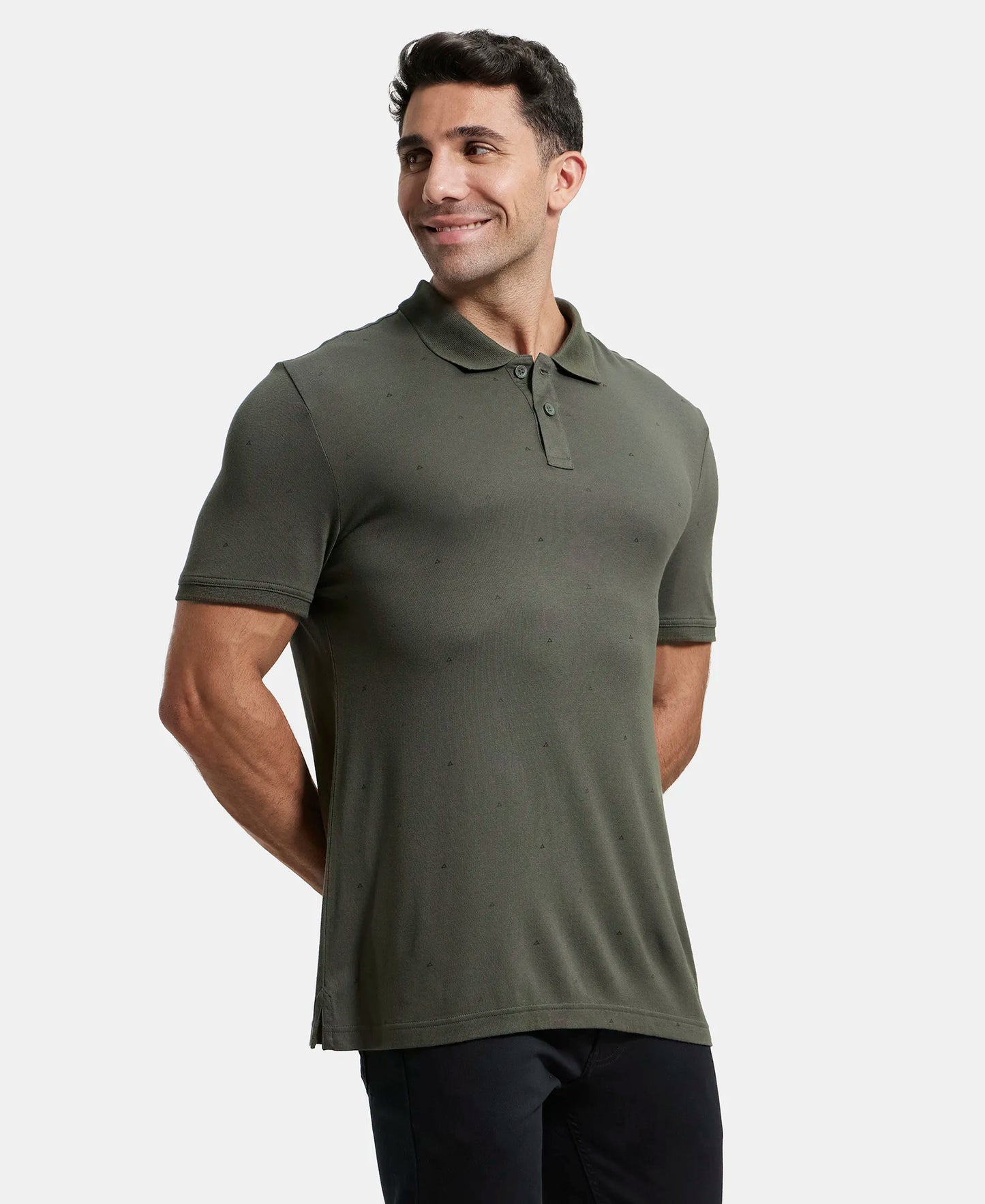 Tencel Micro Modal and Cotton Blend Printed Half Sleeve Polo T-Shirt - Deep Olive-2
