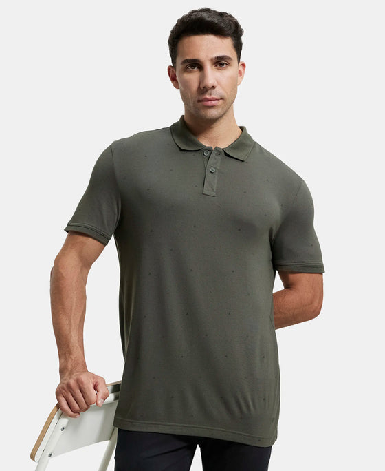 Tencel Micro Modal and Cotton Blend Printed Half Sleeve Polo T-Shirt - Deep Olive-5