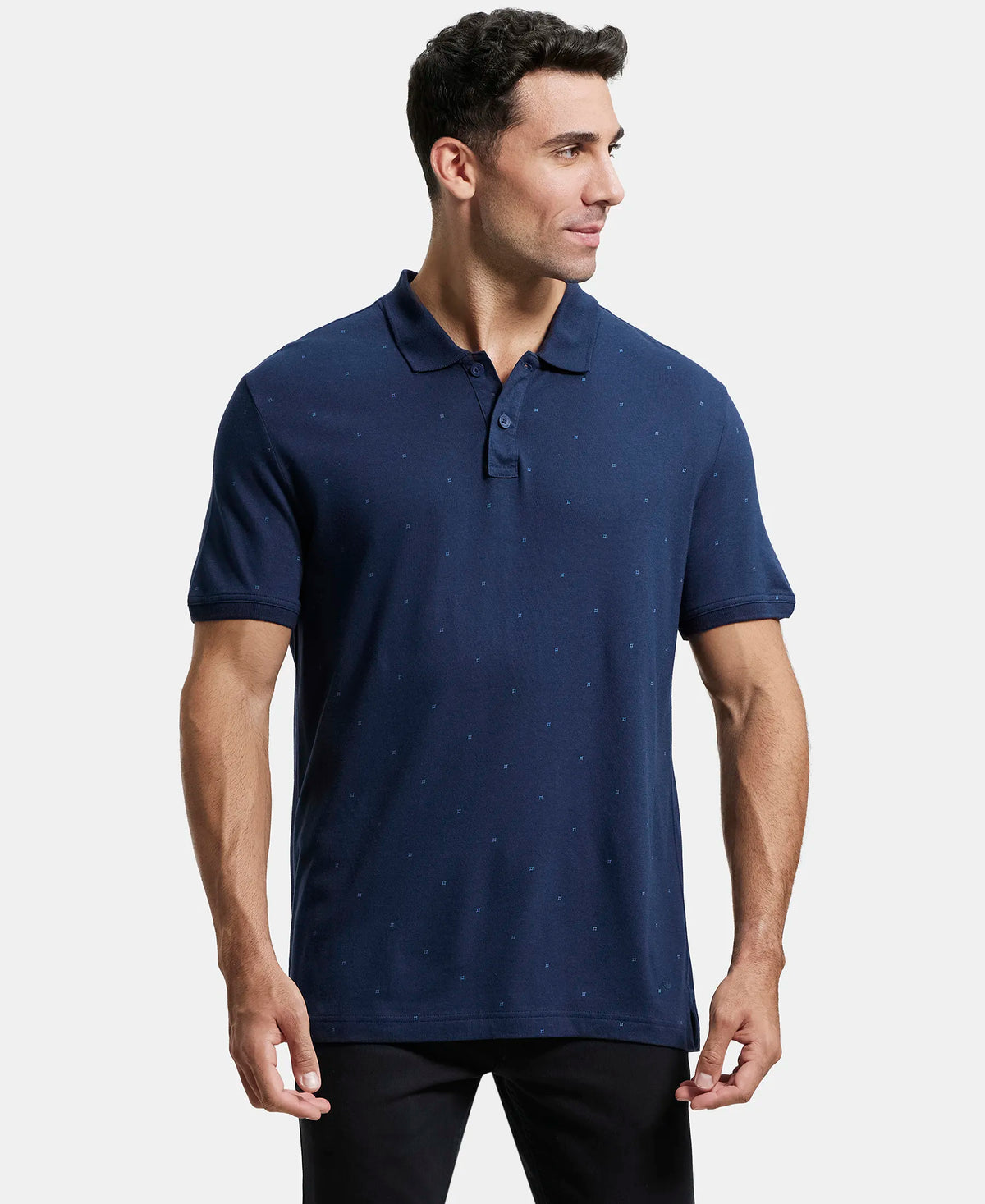 Tencel Micro Modal and Cotton Blend Printed Half Sleeve Polo T-Shirt - Navy
