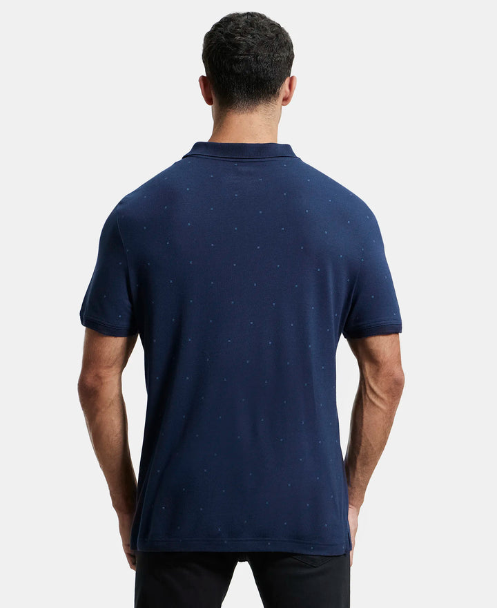 Tencel Micro Modal and Cotton Blend Printed Half Sleeve Polo T-Shirt - Navy-3