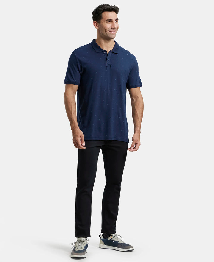 Tencel Micro Modal and Cotton Blend Printed Half Sleeve Polo T-Shirt - Navy-4