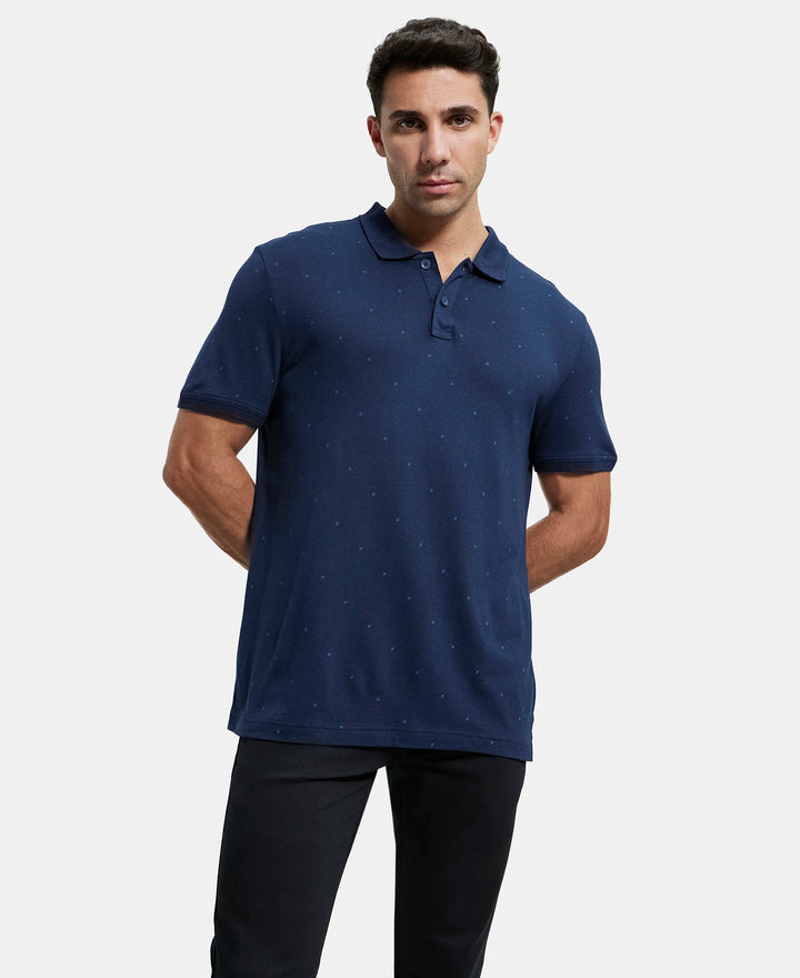 Tencel Micro Modal and Cotton Blend Printed Half Sleeve Polo T-Shirt - Navy-6