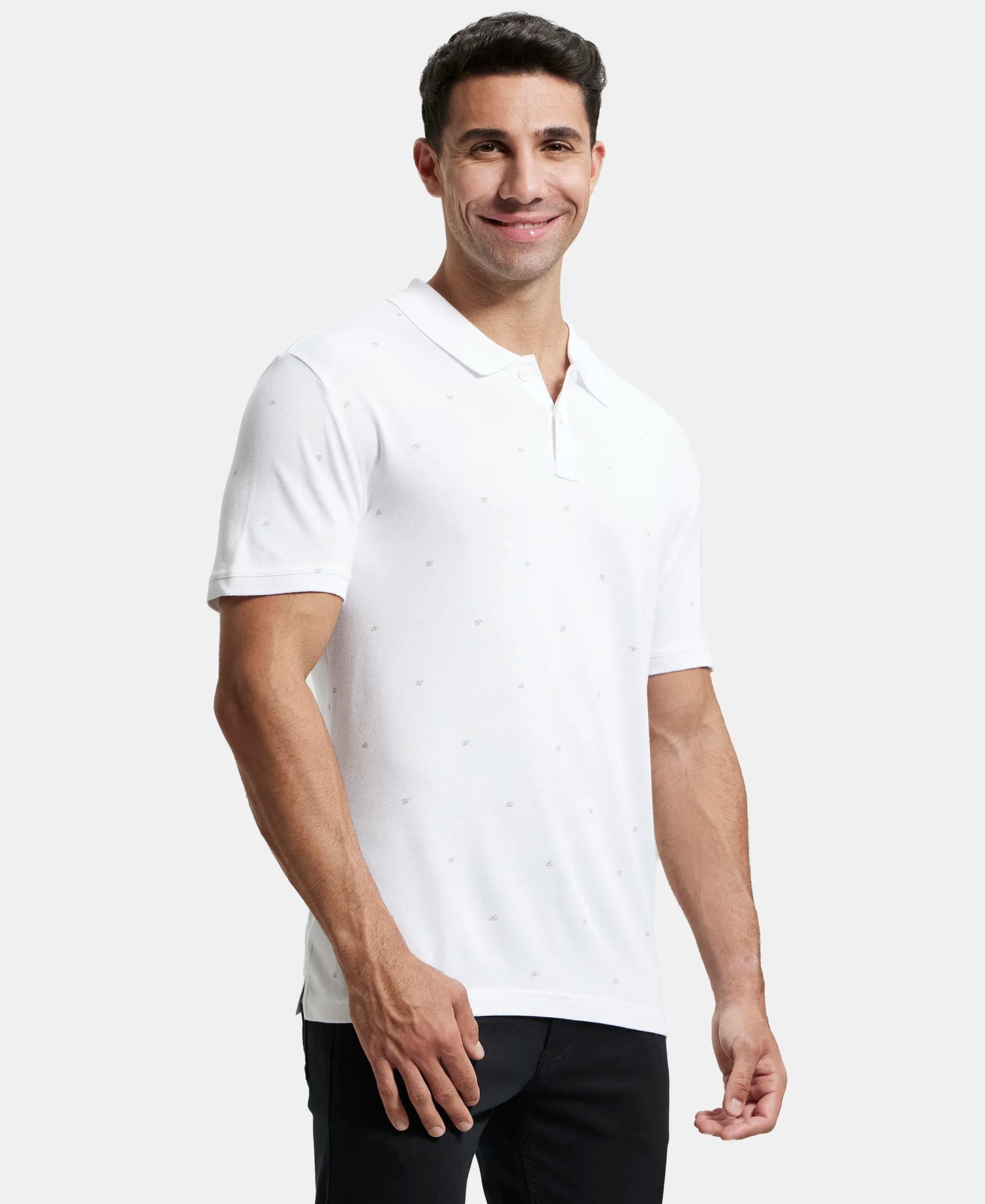 Tencel Micro Modal and Cotton Blend Printed Half Sleeve Polo T-Shirt - White-2