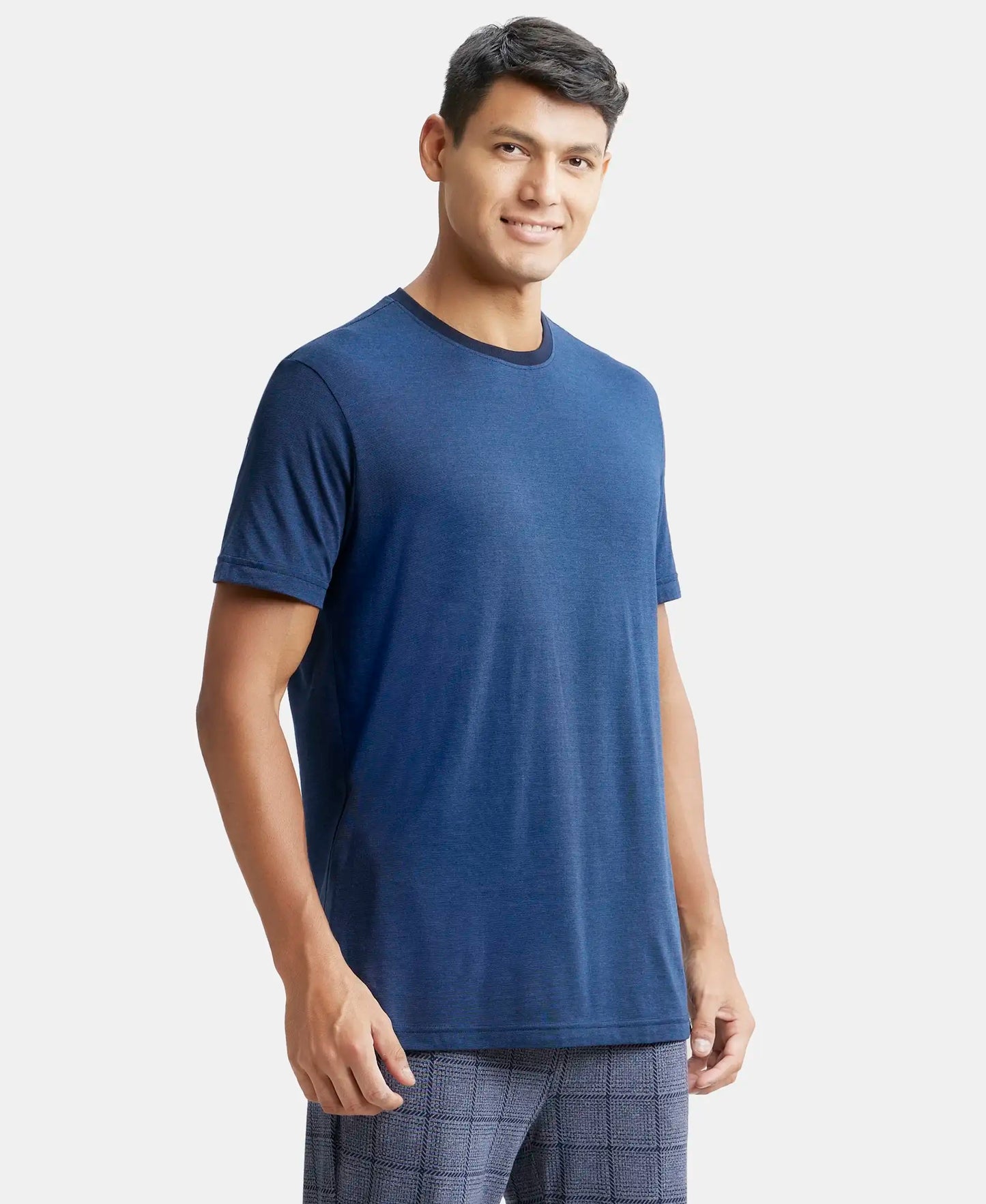 Tencel Micro Modal And Combed Cotton Blend Round Neck Half Sleeve T-Shirt - Navy & Ensign Blue-2