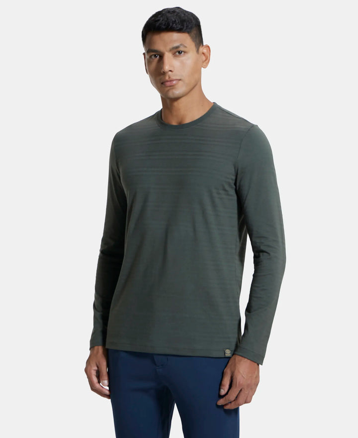 Super Combed Supima Cotton Solid Round Neck Full Sleeve T-Shirt - Deep Olive-2