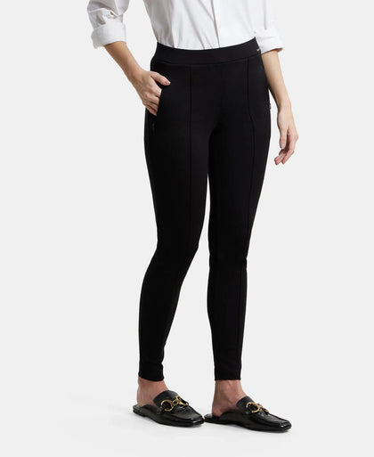 Rayon Nylon Elastane Treggings with Side Zipper Pockets - Black-2