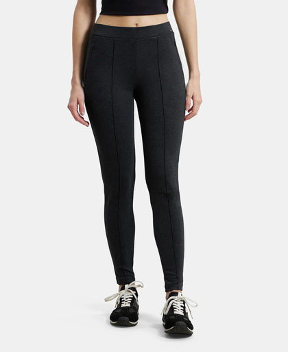 Rayon Nylon Elastane Treggings with Side Zipper Pockets - Black Melange-1