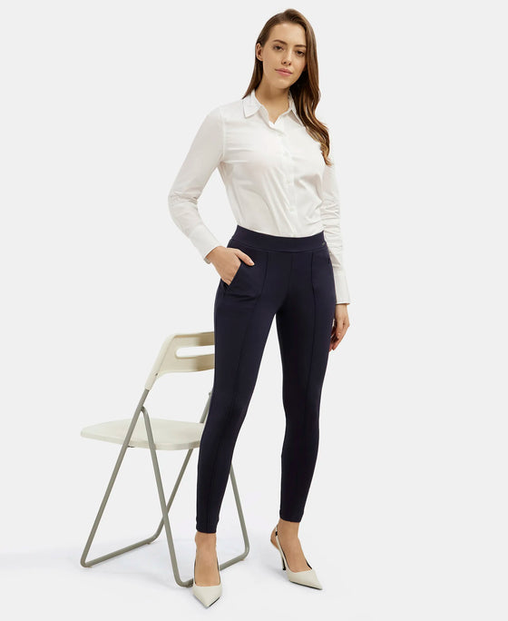 Rayon Nylon Elastane Treggings with Side Zipper Pockets - Navy Blazer-6