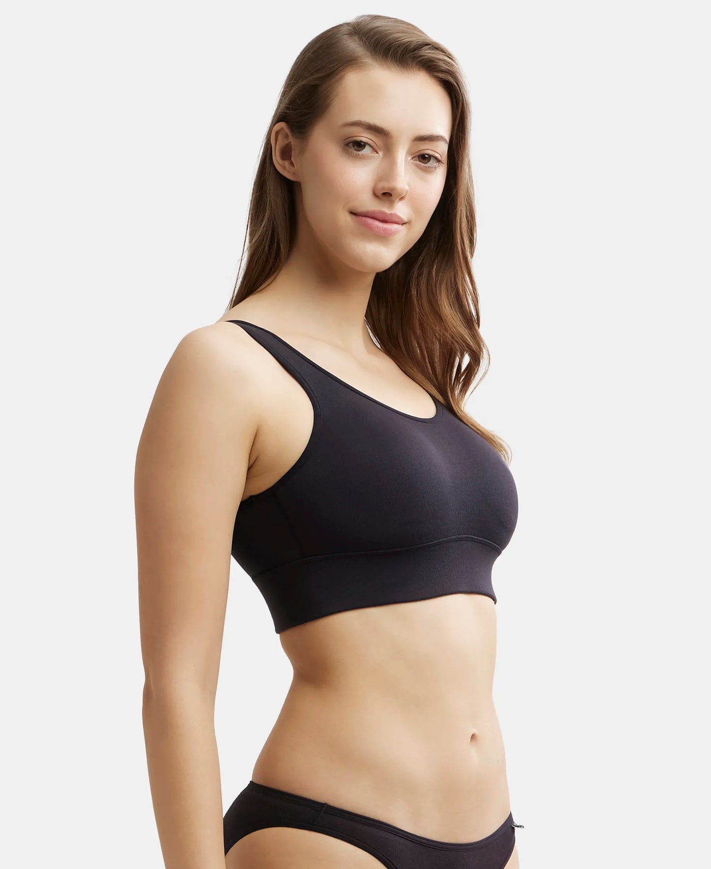Wirefree Padded Tencel Lyocell Elastane Full Coverage Lounge Bra with Stay Fresh Properties and Removable Pads - Black-2